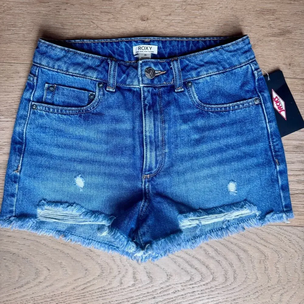 NWT Roxy high rise Blue wash distressed frayed cutoff Shorts size 25